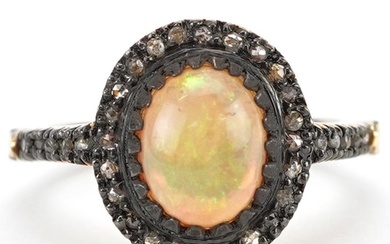 Silver gilt cabochon opal and diamond cluster ring with diam...