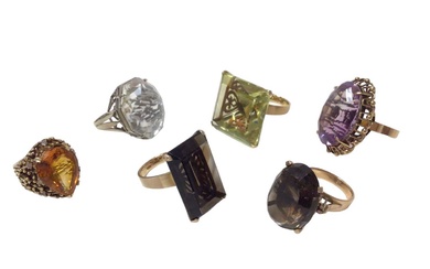 Six 1970s gold and gem-set cocktail rings, each set with a large gem stone in gold setting (6)