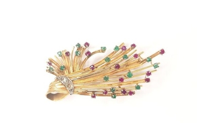 Spindle sheaf in gold 750 ‰ punctuated with emeralds, rubies and old-cut diamonds, PB 9.2 g