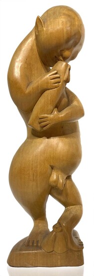 Statua in legno raffigurante ragazzo nudo che suona, Bali, Indonesia. H Cm 32.