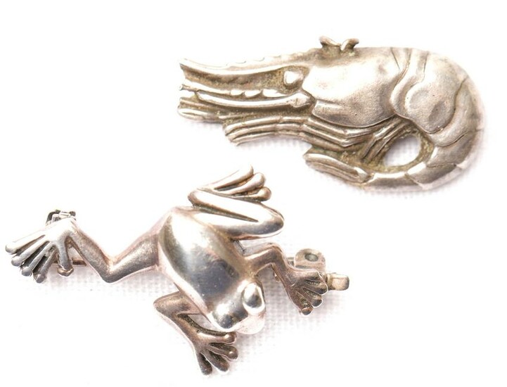 Sterling Silver Frog Brooch & Prawn Pendant