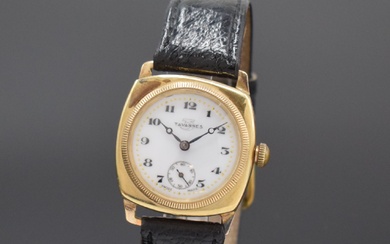 TAVANNES rare montre-bracelet en GG 375/000 boîtier BORGEL, Suisse vers 1920, remontage manuel, boîtier carré-cambré,...