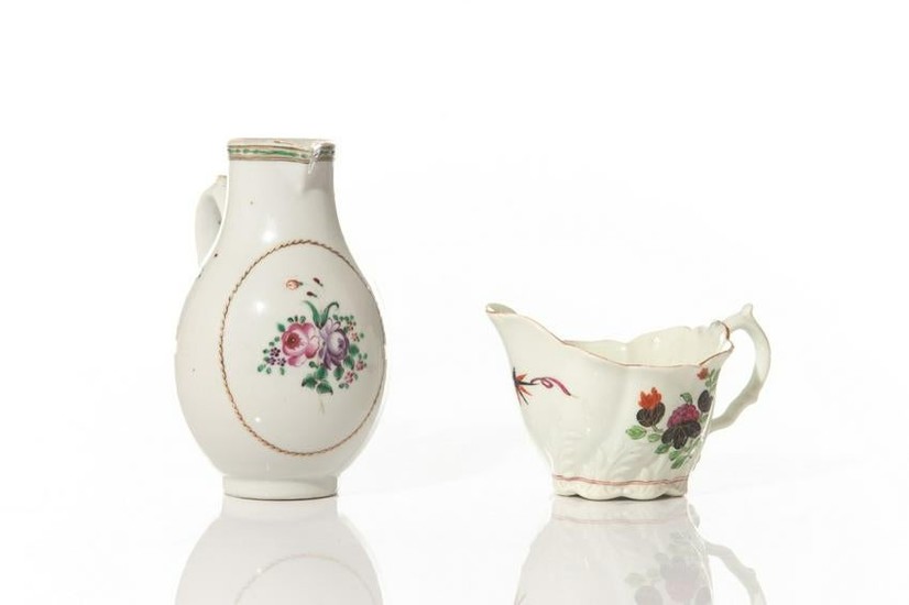 TWO 18TH C HAND PAINTED PORCELAIN CREAM JUGS