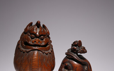 TWO CHINESE CARVED WOOD FIGURES OF A 'LUDUAN' AND AN OX