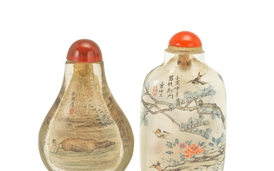 TWO INSIDE-PAINTED ROCK CRYSTAL SNUFF BOTTLES One signed Liu Shouben...