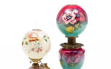 TWO VICTORIAN FLORAL ENAMEL GONE WITH THE WIND PARLOR LAMPS.
