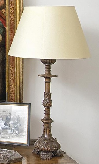 Table lamp in carved walnut wood. Spain, 19th century