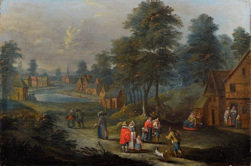 Theobald Michau, Attributed to a Flemish school from the beginning of the 17th century, "Scène de village animée au bord d'une rivière", oil on panel, Size: 26.4 x 39.4 cm (small restorations in use).