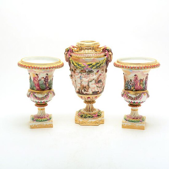 Three Piece Capodimonte Vase Garniture.