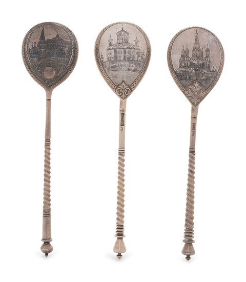 Three Russian Niello Silver Spoons