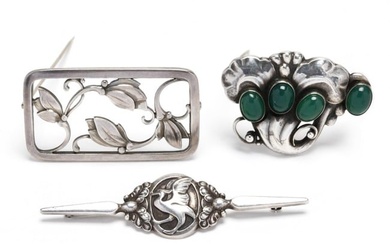 Three Sterling Silver Brooches and a Sterling Silver and Gem-Set Brooch, Georg Jensen