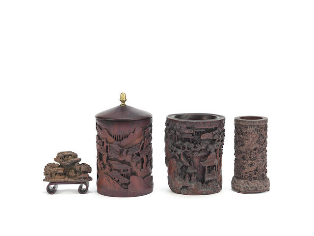 Three carved brushpots and a bamboo brushrest