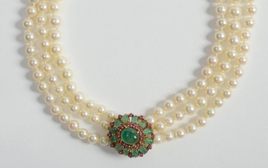 Three-row necklace of white pearls with 18k yellow...