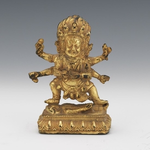 Tibetan Gilt Bronze Cabinet Sculpture of Mahakala