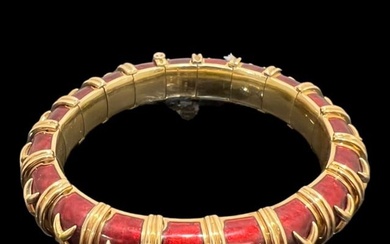 Tiffany & Co. Schlumberger 18K Gold Red Enamel Bangle Bracelet