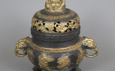 Tripod incense burner with lid - China, 20. Century, bronzed brass.