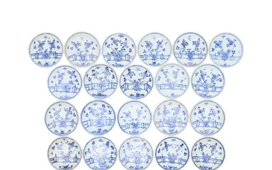 Twenty-one Chinese blue and white 'rocks on a terrace' saucers excavated from...