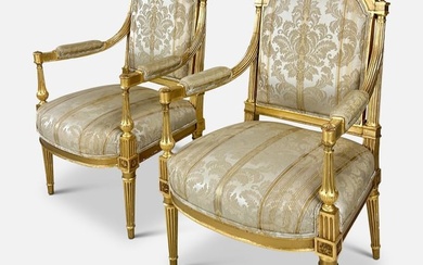 Two Antique 18th/19thC French Louis XVI Style Carved Giltwood Armchairs