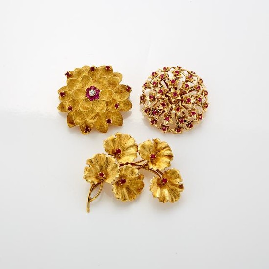 Two Gold and Ruby Brooches, Tiffany & Co., Gold, Ruby and Diamond Flower Brooch, Cartier