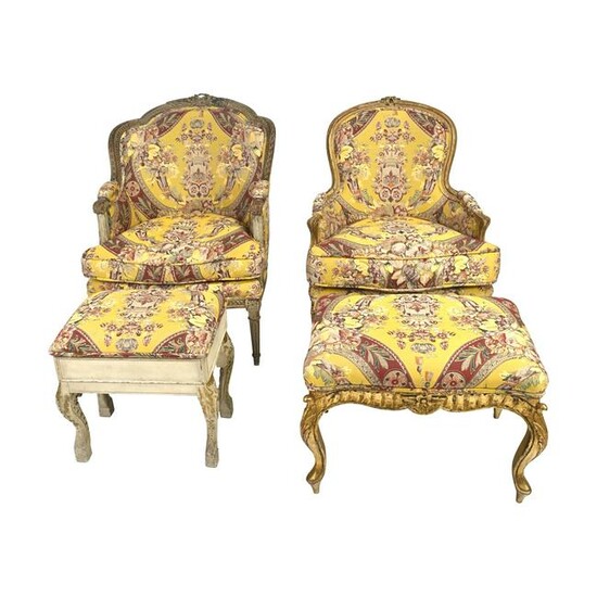 Two Louis XVI Style Chairs and Footstools, Upholstered
