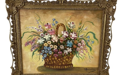 UNATTRIBUTED; modern oil on canvas, still life of flowers, indistinctly...