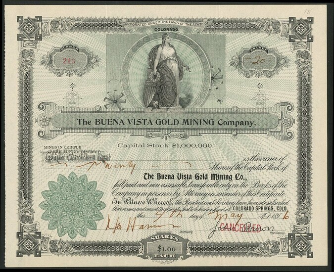 U.S.A.: Buena Vista Gold Mining Company, Colorado, $1 shares, Colorado Springs 189[6], #216, Li...