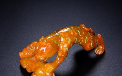 Unique Chinese Hetian Jade Tiger Eat Sheep Statue
