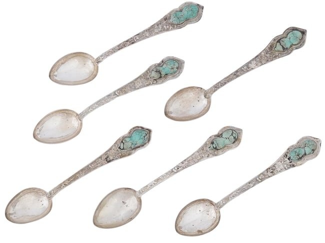 VINTAGE CHINESE SILVER TURQUOISE STONE TEA SPOONS