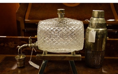 VINTAGE CRYSTAL BARRELL DECANTER ON SILVER PLATED STAND + PL...
