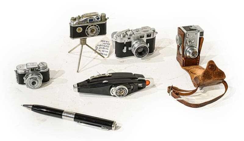 Various Subminature Cameras Steky in leather case, Stylophot, Pen...