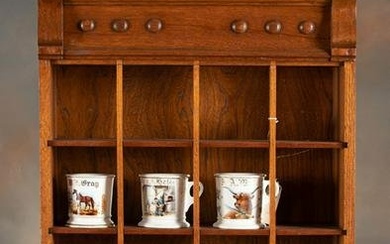 Very ornate antique oak hanging Barber Shop Mug Rack, factory Rack is designed to hold 20 Mugs