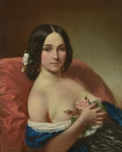 Victor Dartiguenave (French 19th century), Young woman seated, holding flowers