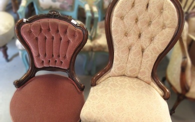 Victorian carved walnut and button upholstered nursing chair...