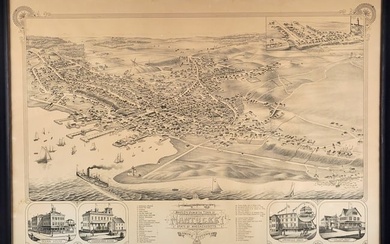 Vintage 1881 Bird’s Eye View of Nantucket Map, Reprinted in 1948 by Wm Lincoln