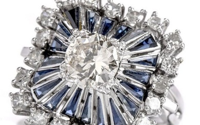 Vintage Diamond Sapphire Square Pinwheel Platinum Cocktail Ring
