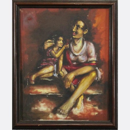Vintage Oil Painting South American Mother and Daughter