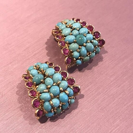 Vintage Ruby and Turquoise Earrings in 18k Yellow Gold