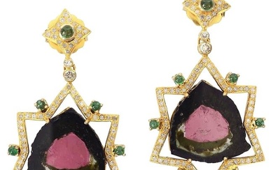 Watermelon Tourmaline Earring with Diamonds and Emerald Made In 18k Yellow Gold