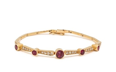 YELLOW GOLD, SYNTHETIC RUBY, AND DIAMOND BRACELET