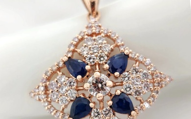 0.70 ct Blue Sapphire & 1.00 Light Pink Diamond Pendant - 2.50 gr - Pendant - 14 kt. Rose gold Sapphire - Diamond