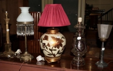 ^ A brass Corinthian column table lamp, a brass table...