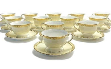 12 + 1 Minton England Porcelain Cup and Saucers. Pale Yellow & Gilt