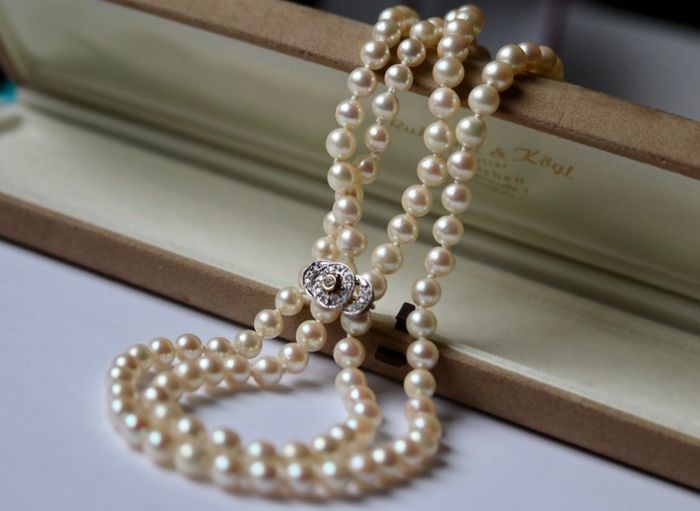 14 kt. Gold, Platinum - Art Deco Necklace - genuine Sea/Salty Japanese Akoya pearls 5.4-5.8mm -77cm - Old Cut Diamonds