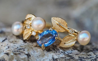 14 kt. Yellow gold - Ring Sapphire - Diamonds, Pearls