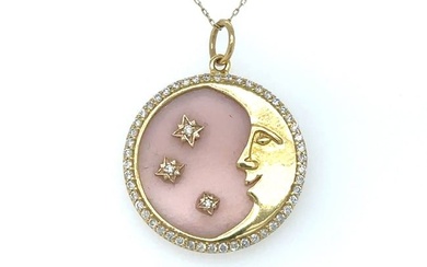 14KT YELLOW GOLD STAR MOON PINK OPAL PENDANT WITH DIAMONDS
