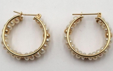 14Kt Yellow Gold Pearl Hoop Earrings