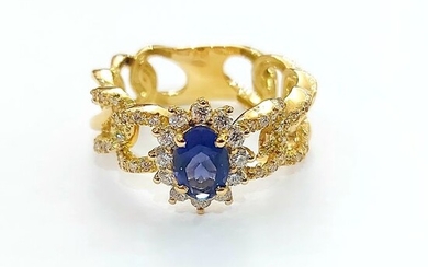 18 kt. Gold, Yellow gold - Ring - 0.98 ct Sapphire - Diamonds