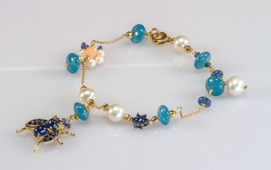 18 kt. Yellow gold - Bracelet - Aquamarines, Pearls, Sapphires, Black diamonds