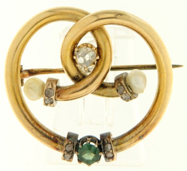 18 kt. Yellow gold - Brooch Emerald - Diamonds, Pearls