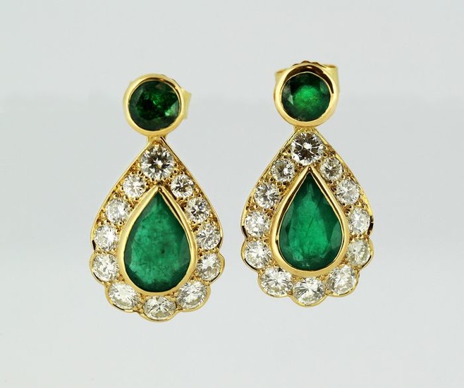 18 kt. Yellow gold - Earrings - Diamonds, Emeralds